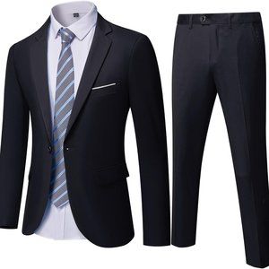 Men's Slim Fit 2 Piece Suit, One Button Solid Jacket Pants Set with Tie